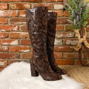 ALDO Aloessa Brown & Black Snakeskin Print Tall Knee Boots with Block Heel sz 6